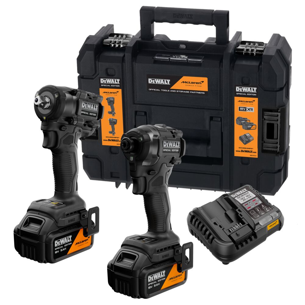 DEWALT DCK2224MP2T-QW, DCK2224MP2T kit: two black drills, battery charger, tool case. Special Edition branding.