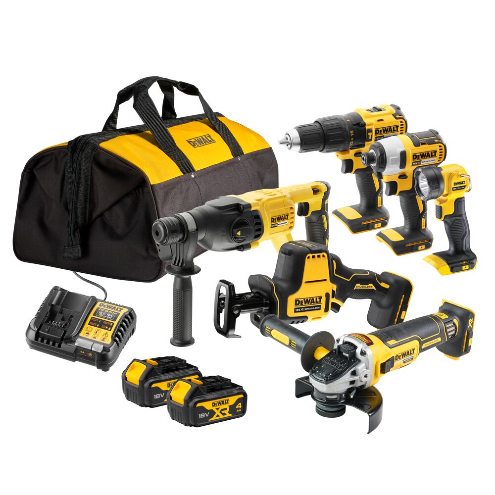 DEWALT power tool kit with bag, charger, batteries, and multiple yellow-black cordless tools.