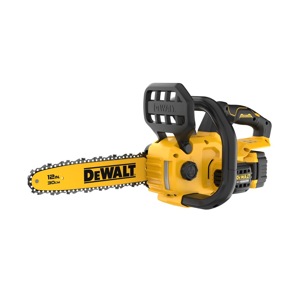 DEWALT chainsaw, 12in/30cm, model DCMCS565P1-QW and DCMCS565P1, yellow-black, on white background.