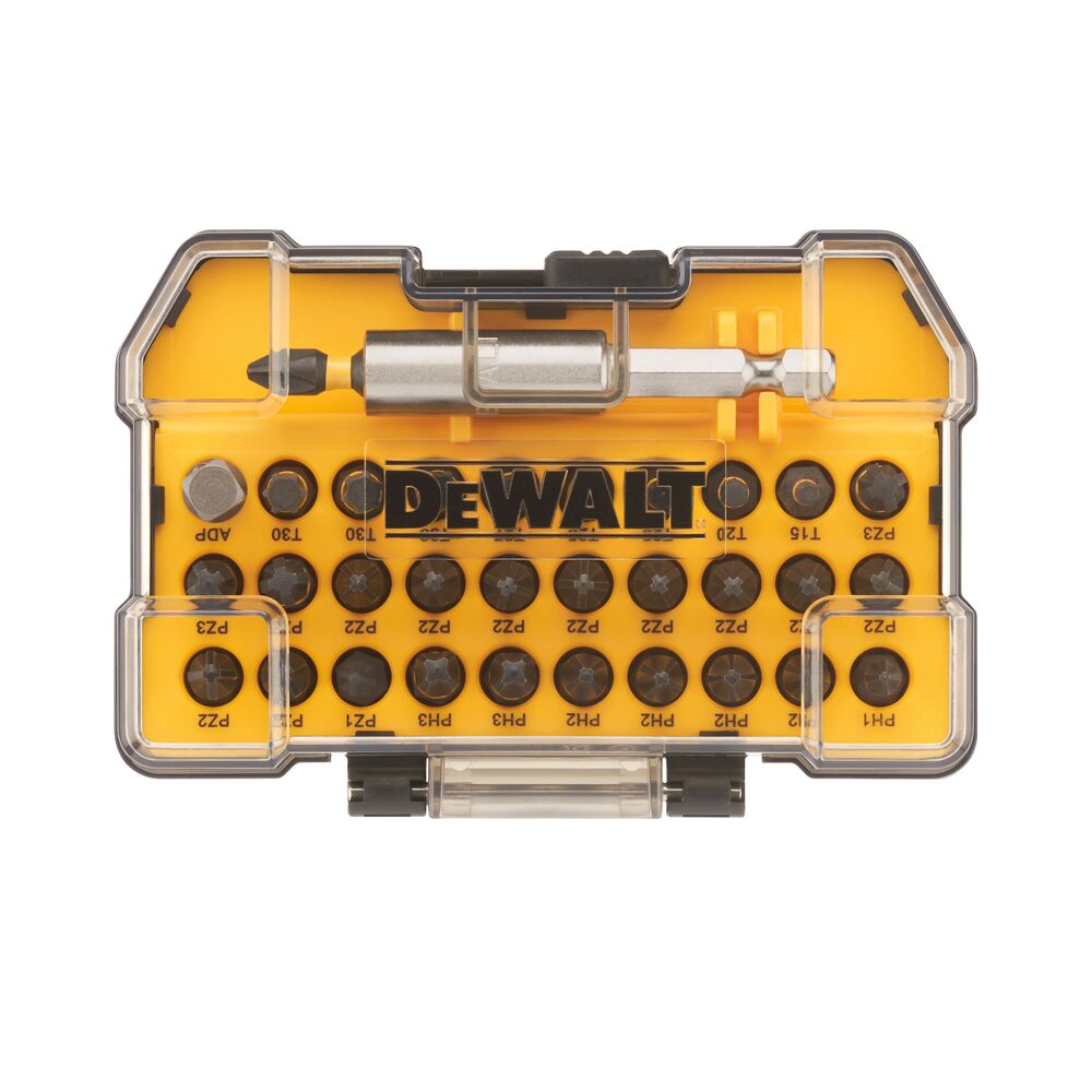 DEWALT DT70560T bit set in a yellow plastic box with transparent lid, showing assorted screwdriver bits.