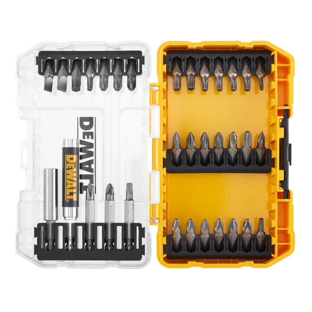 DEWALT DT70709 set with various screwdriver bits in a yellow and clear plastic case, organized in rows.