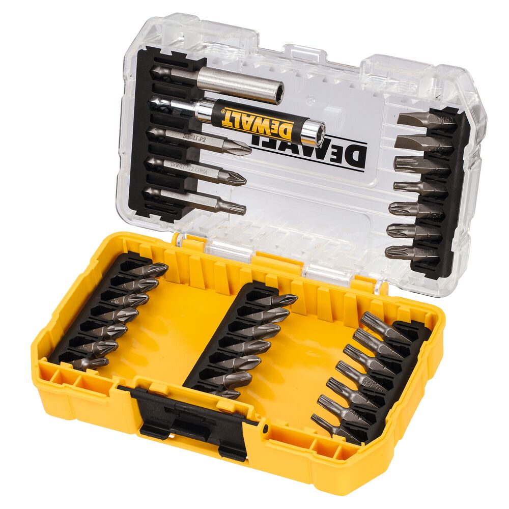 DEWALT yellow and clear case with assorted screwdriver bits and accessories neatly organized inside.