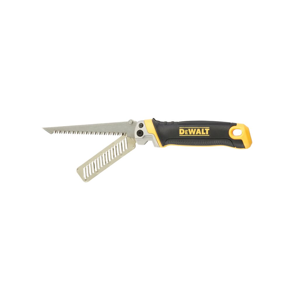 DEWALT folding drywall saw with ergonomic handle and auxiliary blade, black and yellow design.