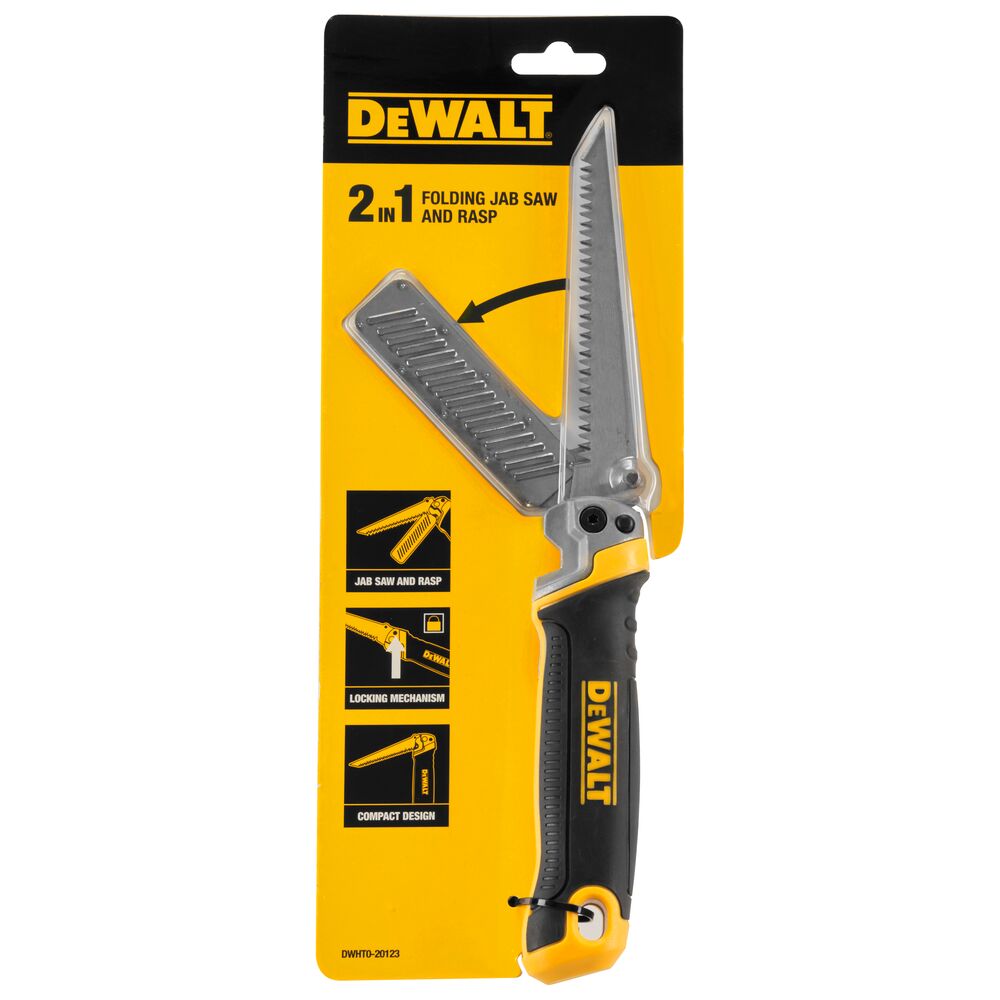 DEWALT 2-in-1 folding jab saw and rasp in packaging with black and yellow design.