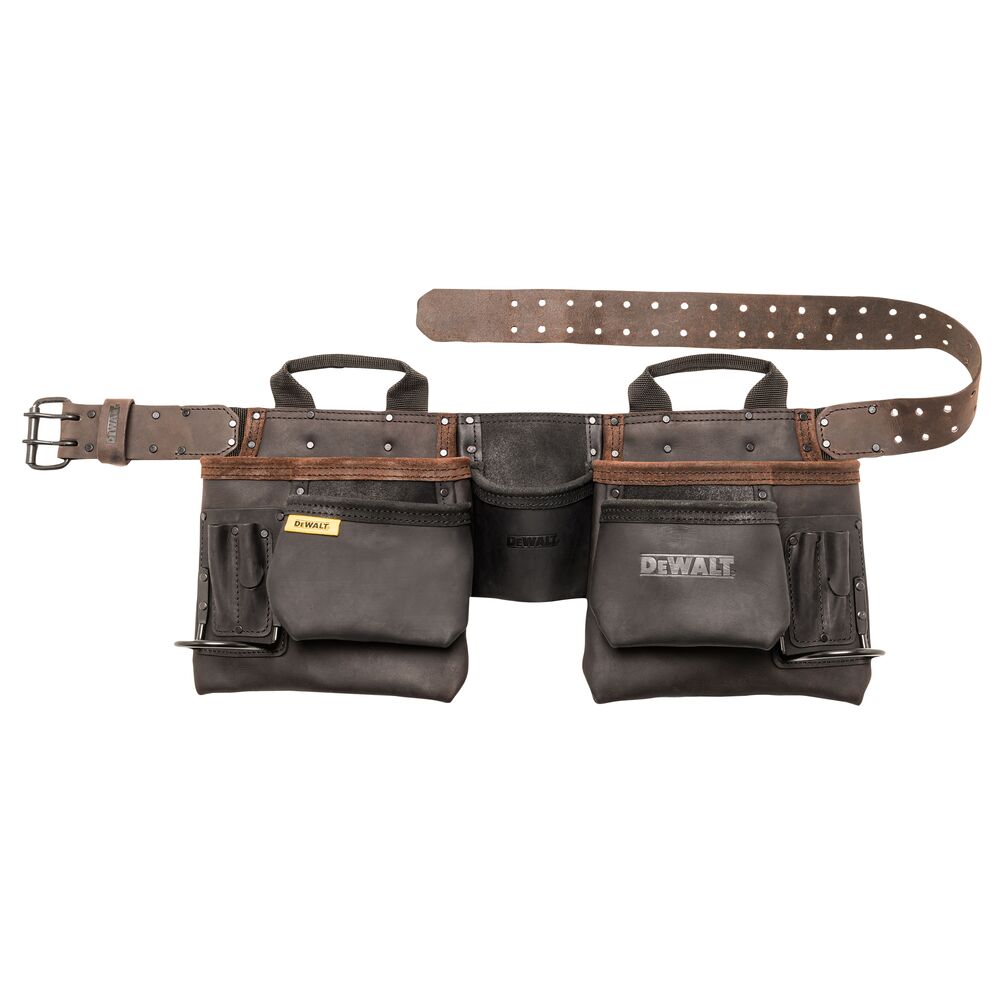 Black DEWALT leather tool belt with multiple pockets and sturdy adjustable strap.