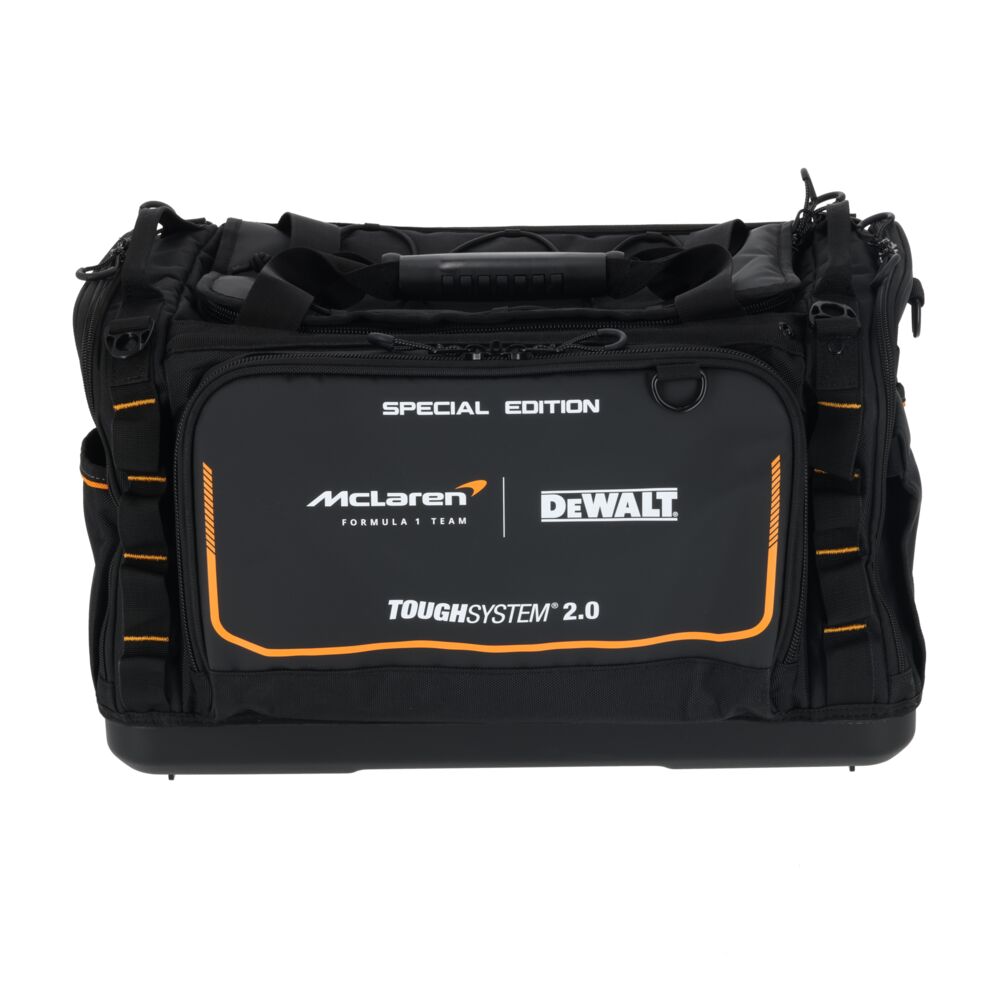 Black DEWALT and McLaren branded tool bag, ToughSystem 2.0 Special Edition, with orange accents and handle.