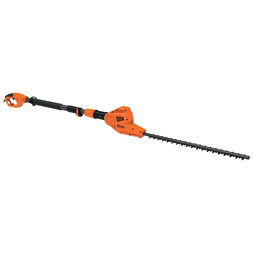 An orange and black extendable pole hedge trimmer designed for trimming tall hedges, featuring a long handle and blade, shown against a white background.