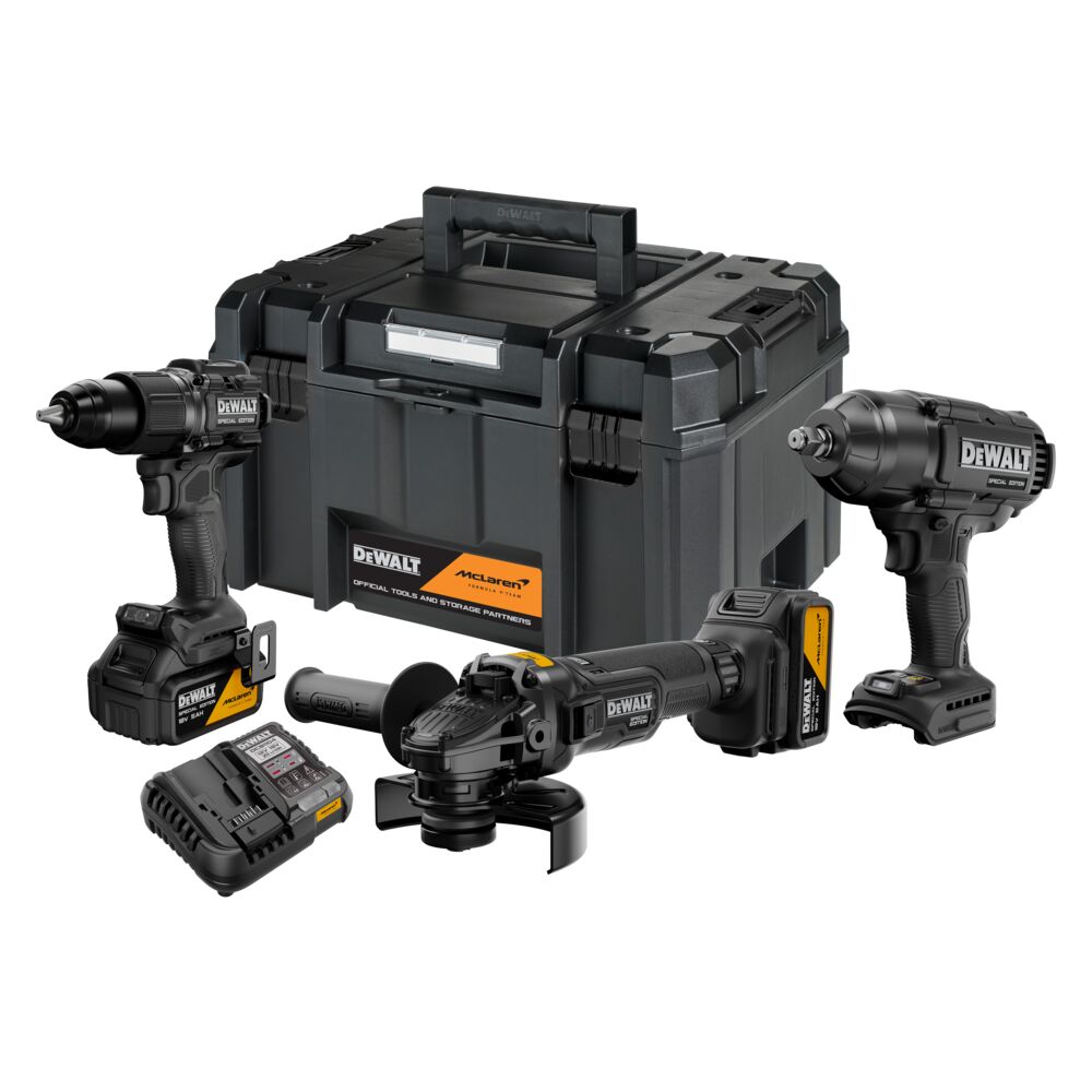 DEWALT tool set with case, drill, grinder, charger. SKUs: DCK3222MP2T-QW, DCK3222MP2T. Photography category.
